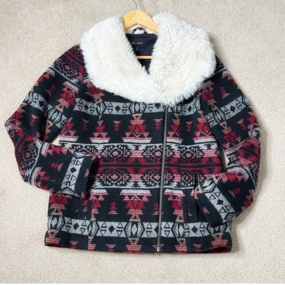 Ella Moss Anthropologie Coat Southwestern Motif Faux Fur Collar Winter Black - Picture 15 of 16